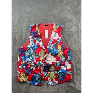 VATPAVE Mens Floral Print Vest Red Blue Green Satin Look Slim Fit Tuxedo Style